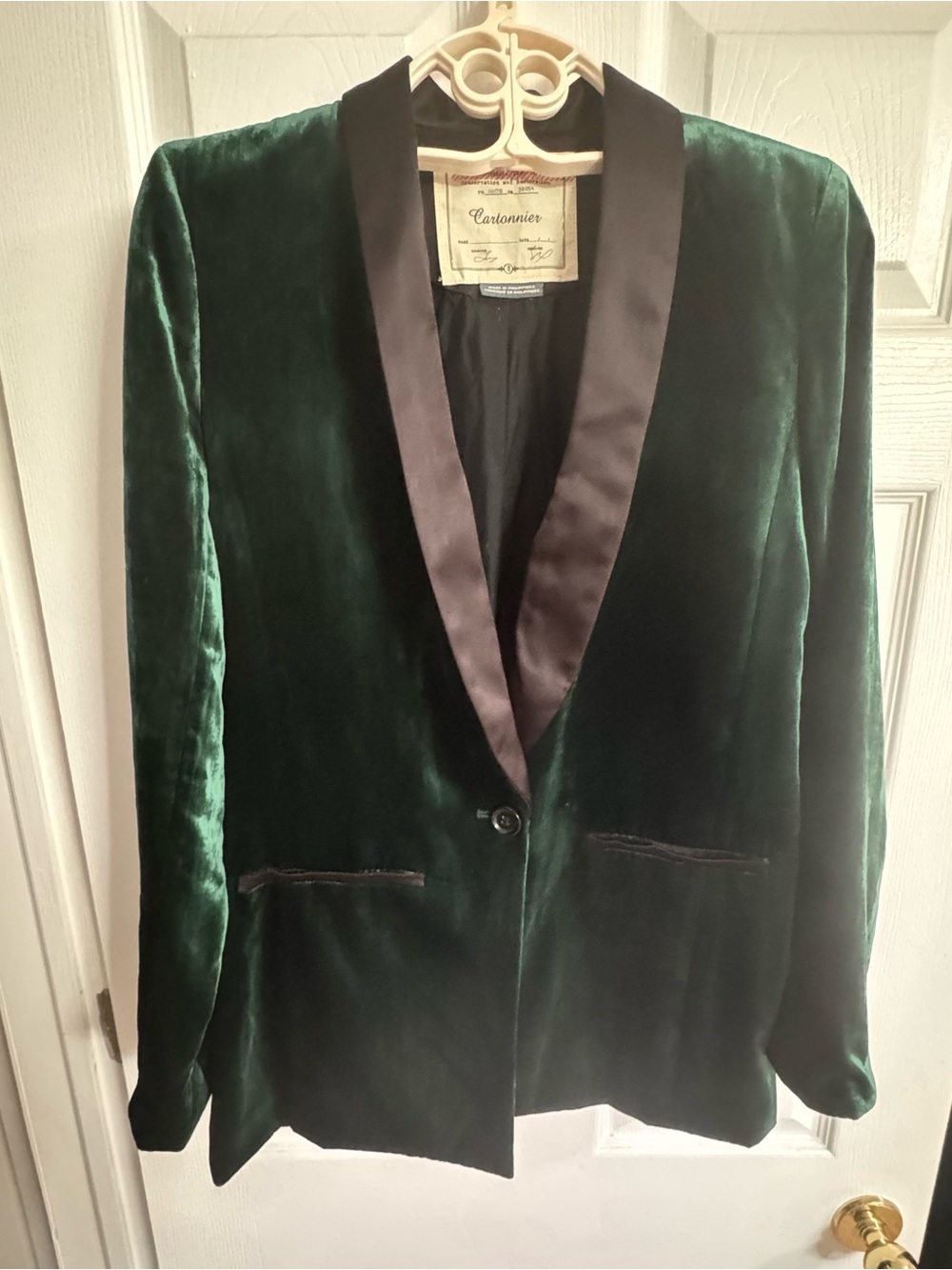 Cartonnier Anthropologie Women's Emerald Green Velvet Blazer Black Satin Trim 0